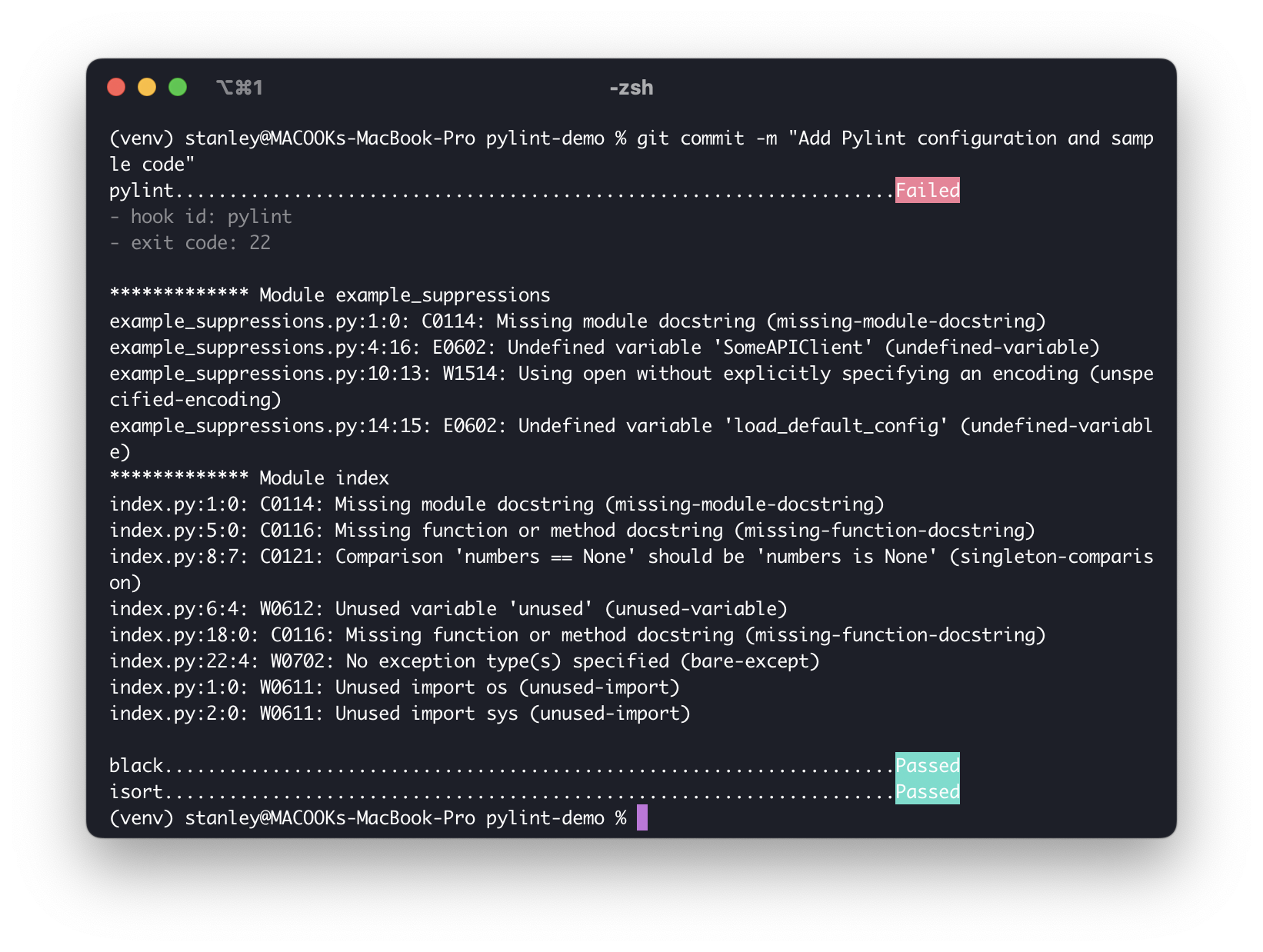 Screenshot of commits being blocked