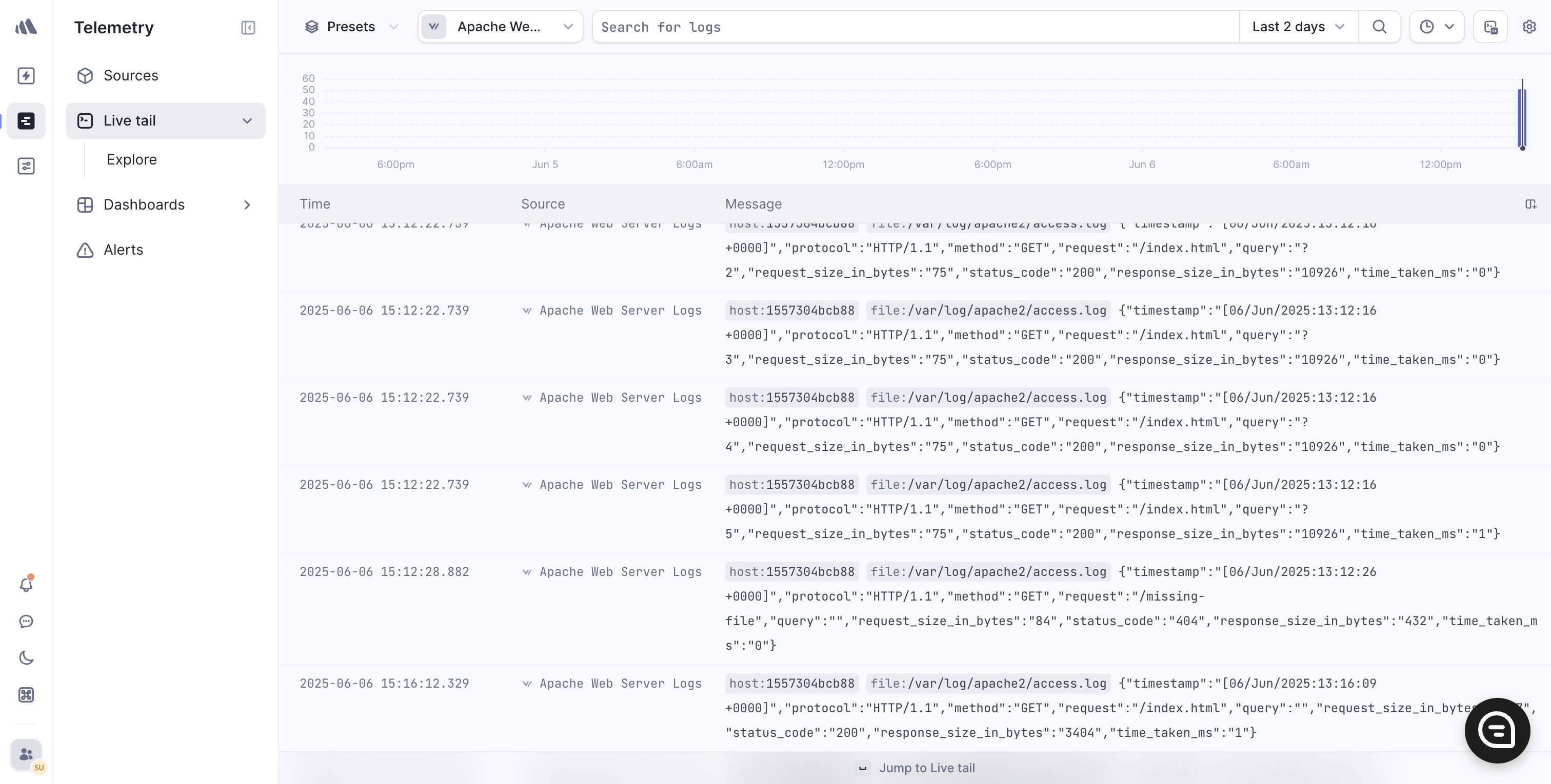 Live tail view showing real-time access and error logs in Better Stack